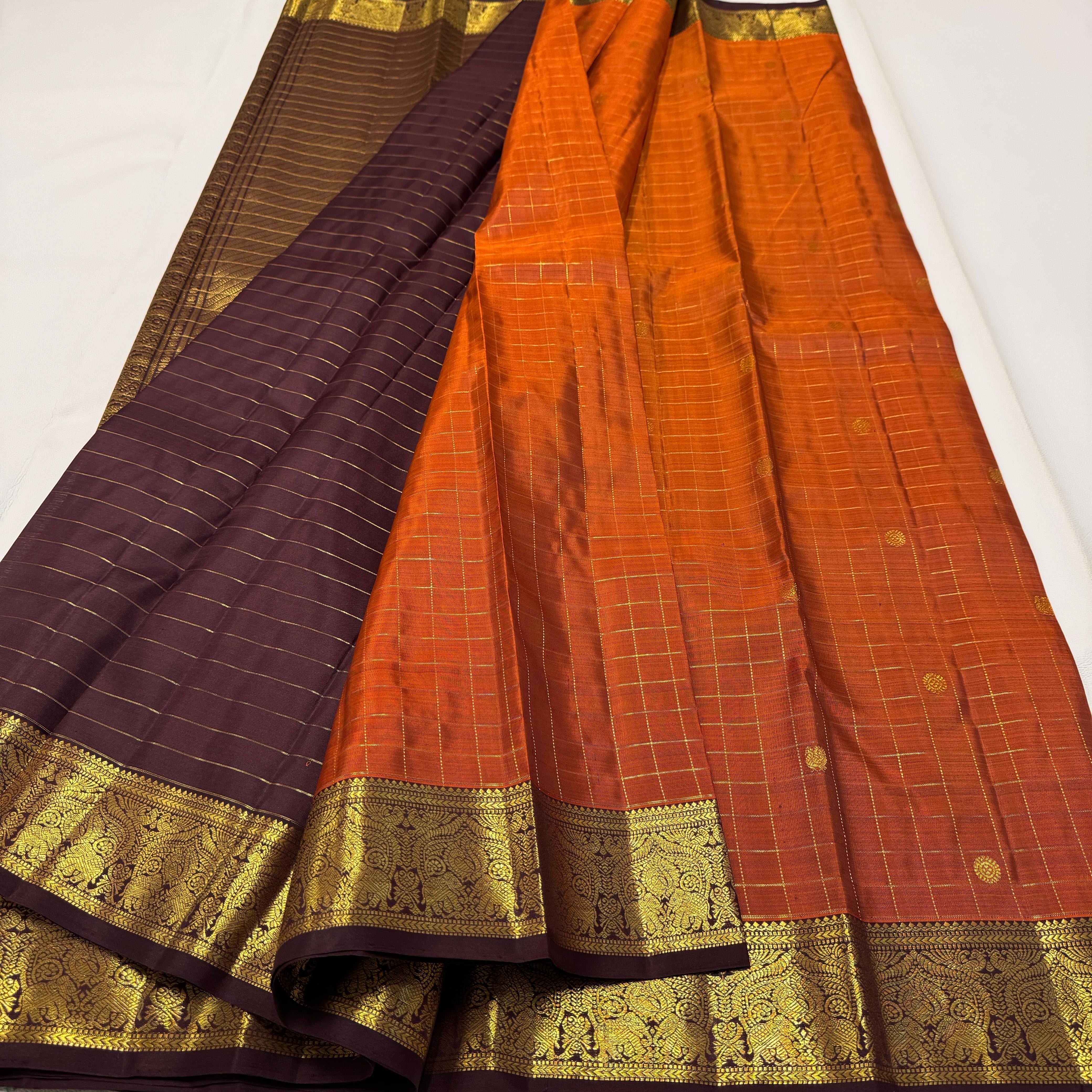 Classic Mustard & Coffee Brown 2gm Zari Bridal Elegance Kanchipuram Handloom Silk Saree SS25936