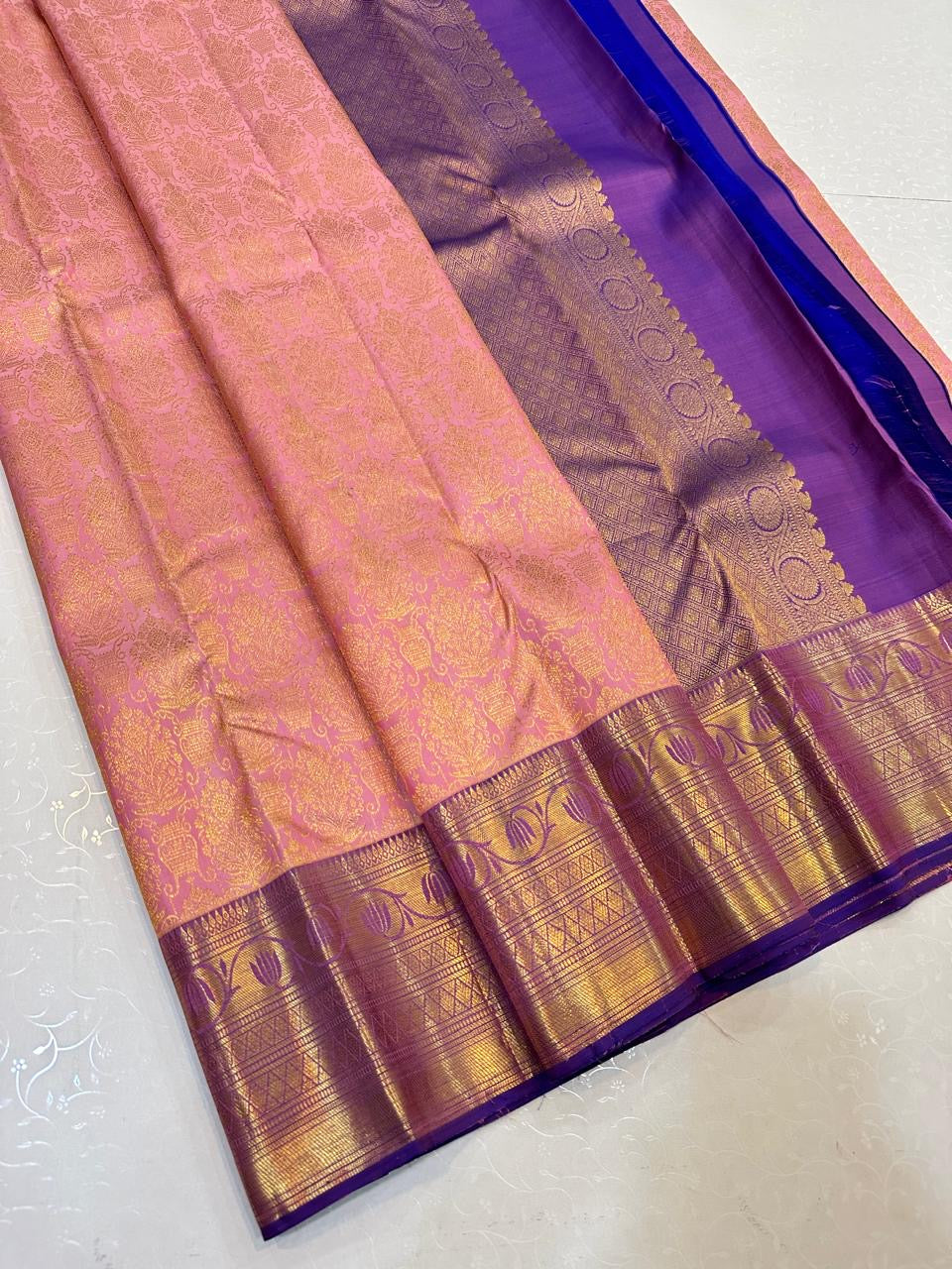 Pastel Pink & Violet Elegance Kanchipuram Handloom Silk Saree SS24702