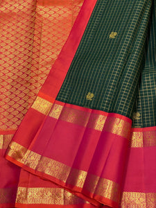 Classic Bottle Green & Brick Rose 2gm Zari Vaira Oosi Elegance Kanchipuram Handloom Silk Saree SS25330
