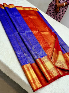 Classic Royal Blue & Chilli Red 1gm Zari Elegance Kanchipuram Handloom Silk Saree SS24035