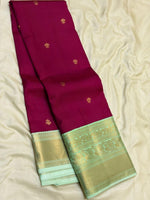 Load image into Gallery viewer, Classic Deep Berry Plum &amp; Neon Aqua Green 1gm Zari Elegance Kanchipuram Handloom Silk Saree SS28069
