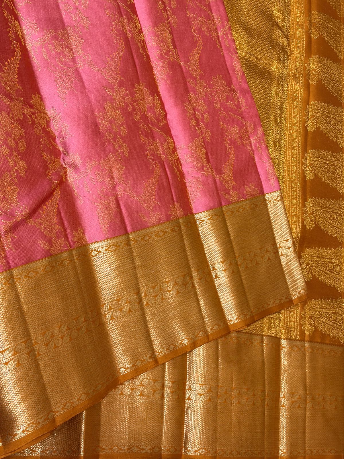 Classic Rose & Mustard 2gm Zari Brocade Kanchipuram Handloom Silk Saree SS26567