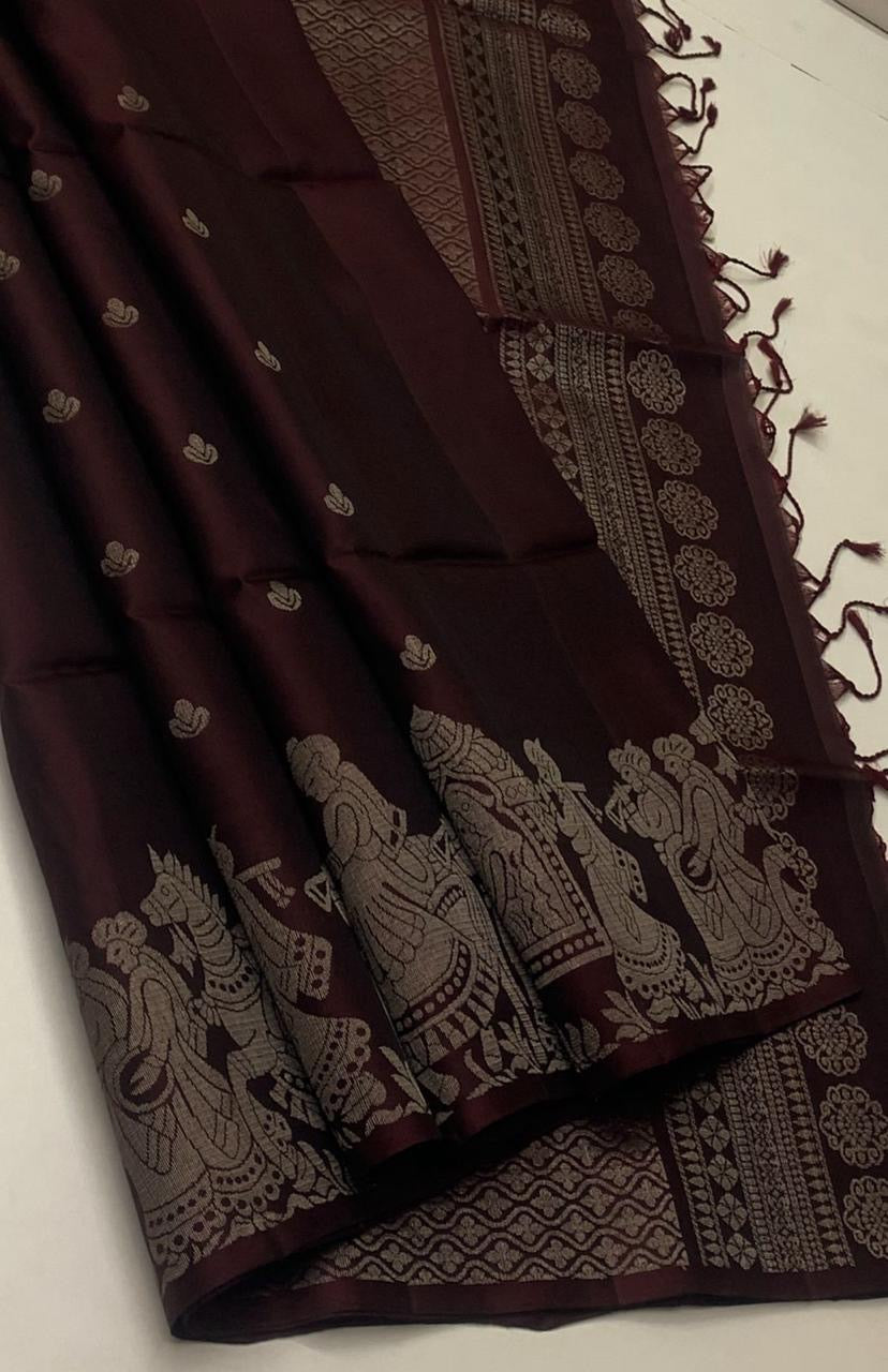 Classic Dark Coffee Brown Elegance Handloom Soft Silk Saree SS24549