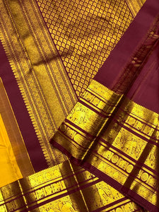 Mango Yellow & Mahogany Red 2gm Zari Kanchipuram Handloom Silk Saree SS25828