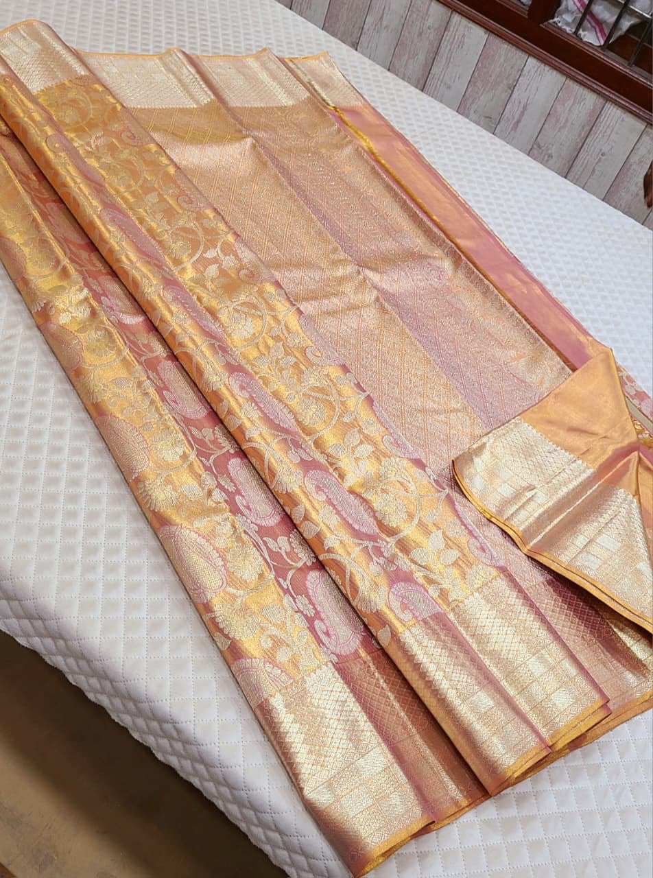Pastel Rose Gold 2gm Zari Bridal Tissue Elegance Kanchipuram Handloom Silk Saree SS26621