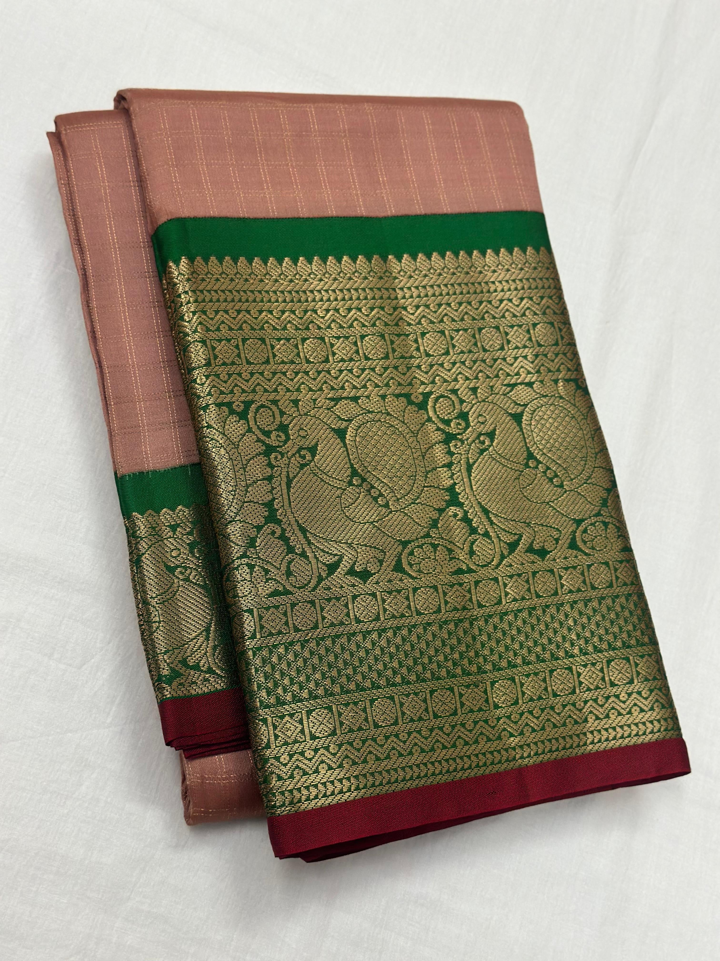 Classic Dusky Rose &  Dark Green 1gm Zari Elegance Kanchipuram Handloom Silk Saree SS25158
