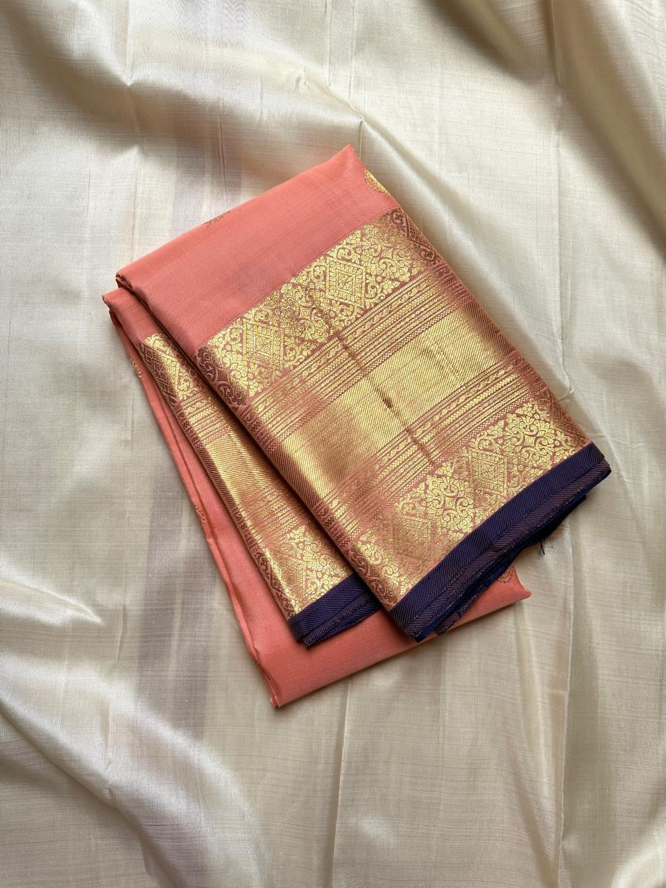 Classic Peach Rose & Navy Blue 2gm Zari Elegance Kanchipuram Handloom Silk Saree SS24629