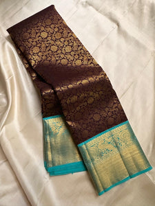 Classic Dark Chocolate & Sky Blue 2gm Zari Bridal Elegance Kanchipuram Handloom Silk Saree SS24479