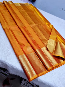 Classic Orange Mustard 1gm Zari Elegance Kanchipuram Handloom Silk Saree SS24354