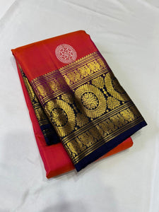 Classic Dual Red & Pink Navy Blue 2gm Zari Peacock & Rudraksha Designed Elegance Kanchipuram Handloom Silk Saree SS25384