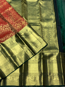 Classic Cherry Red & Deep Green 2gm Zari Bridal Elegance Kanchipuram Handloom Silk Saree SS25359