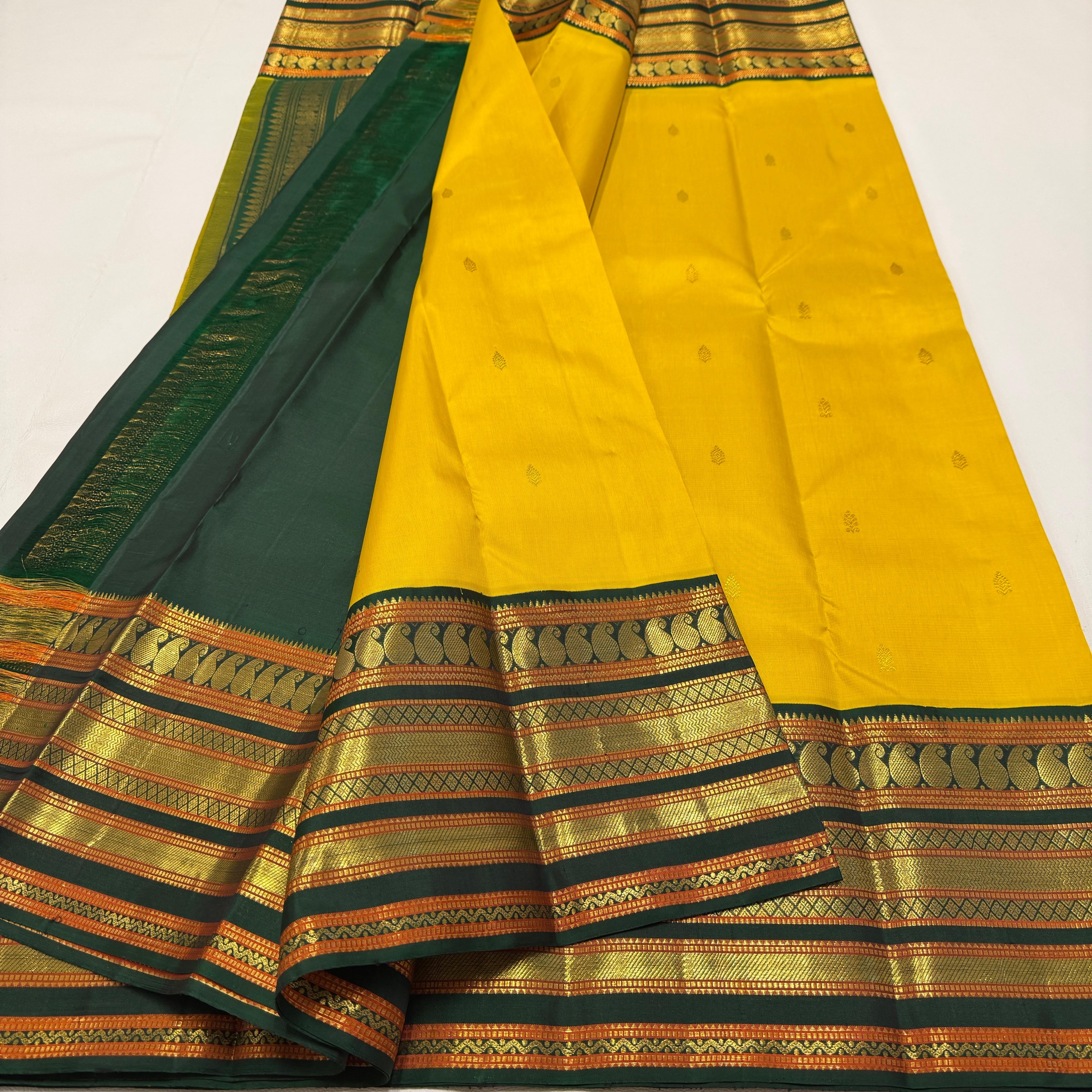 Classic Yellow & Green 2gm Zari Double Side Kirvai Elegance Kanchipuram Handloom Silk Saree SS25351