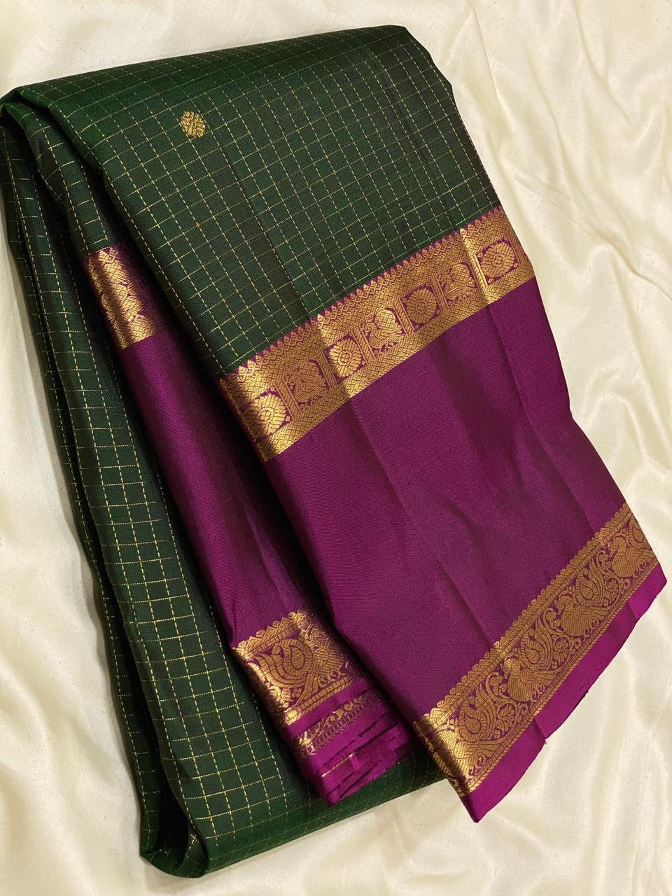 Classic Bottle Green & Wine Purple 2gm Zari Vaira Oosi Kanchipuram Handloom Silk Saree SS25587