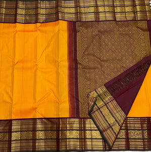 Classic Mango Yellow & Mahogany Red 2gm Zari Korvai Vaira Oosi Checks Kanchipuram Handloom Silk Saree SS26250