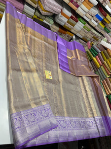 Classic Shimmer Gold & Lavender Bridal Elegance Kanchipuram Tissue Handloom Silk Saree SS25715