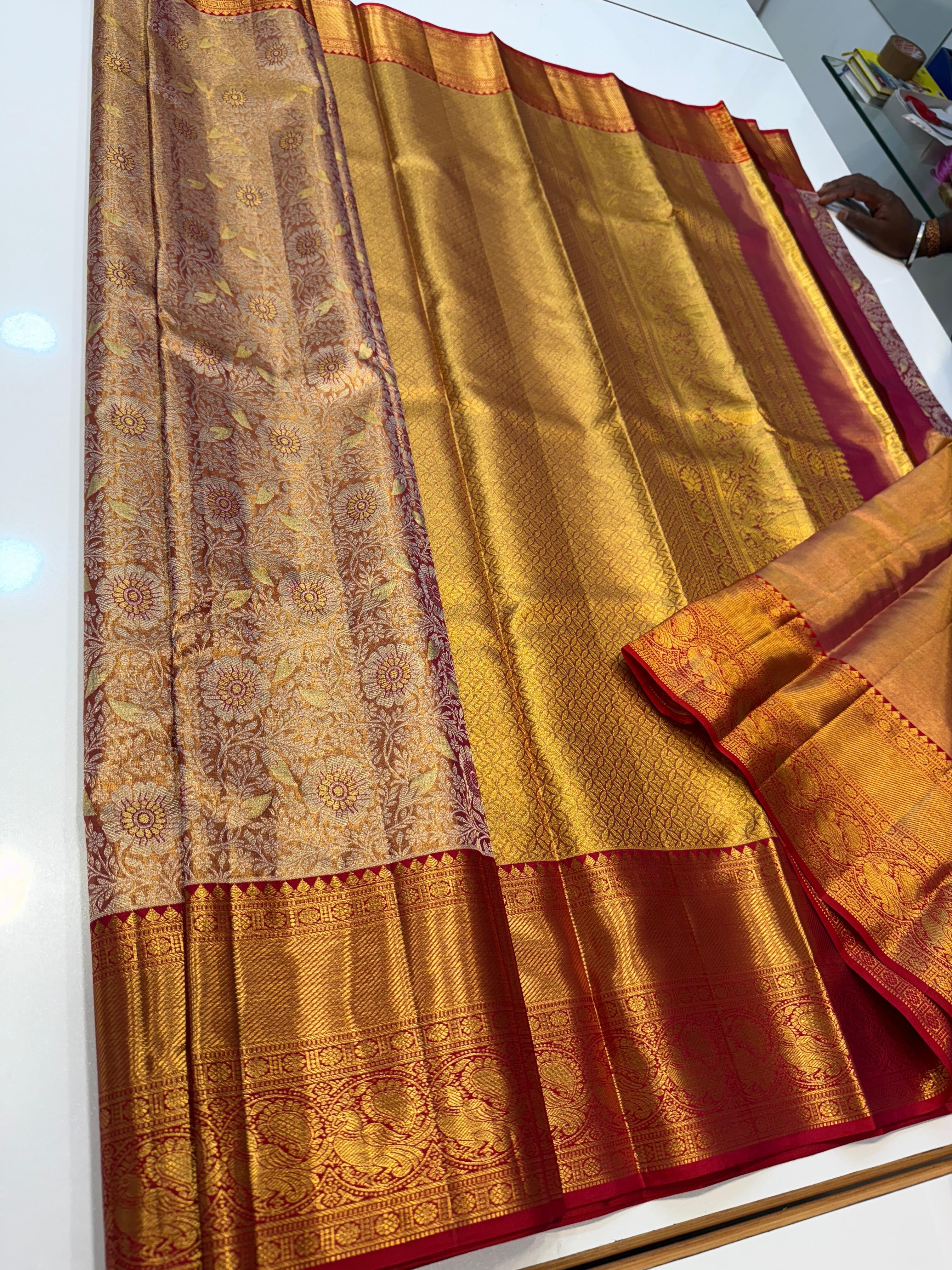 Classic Shimmer Gold & Red Bridal Elegance Kanchipuram Tissue Handloom Silk Saree SS26010