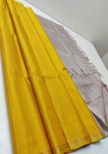 Classic Golden Yellow & Chalk Grey Elegance Plain Handloom Soft Silk Saree SS24078