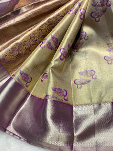 Classic Oatmeal Beige & Berry Purple 2gm Zari Bridal Elegance Kanchipuram Handloom Silk Saree SS25269
