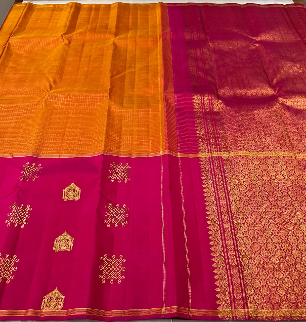 Classic Mango Yellow & Deep Pink 2gm Zari Elegance Kanchipuram Handloom Silk Saree SS25192