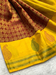 Classic Maroon Red & Sunny Yellow 2gm Zari Bridal Elegance Kanchipuram Handloom Silk Saree SS25834