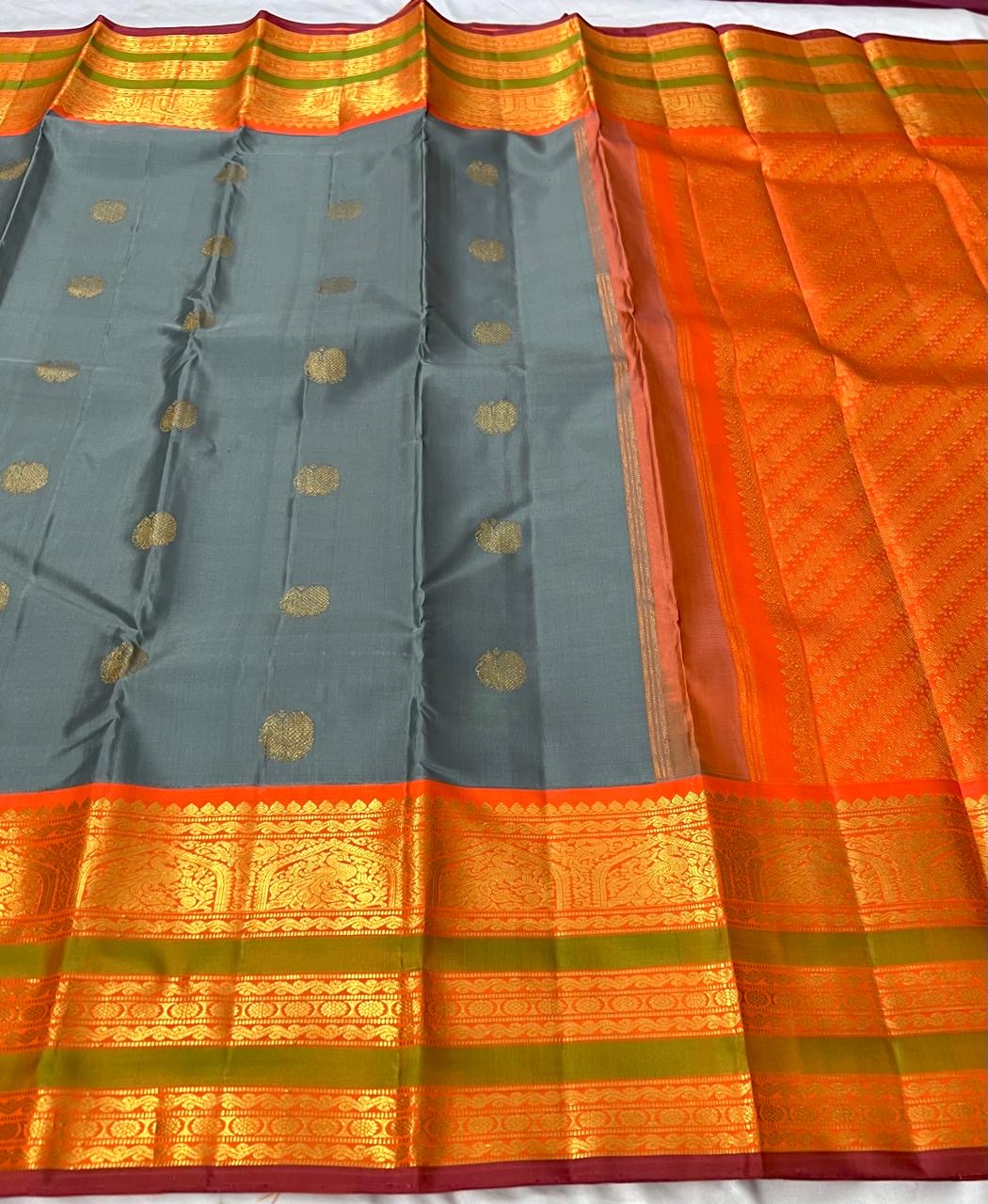 Classic Grey & Fiery Orange 2gm Zari Bridal Elegance Kanchipuram Tissue Handloom Silk Saree SS24768