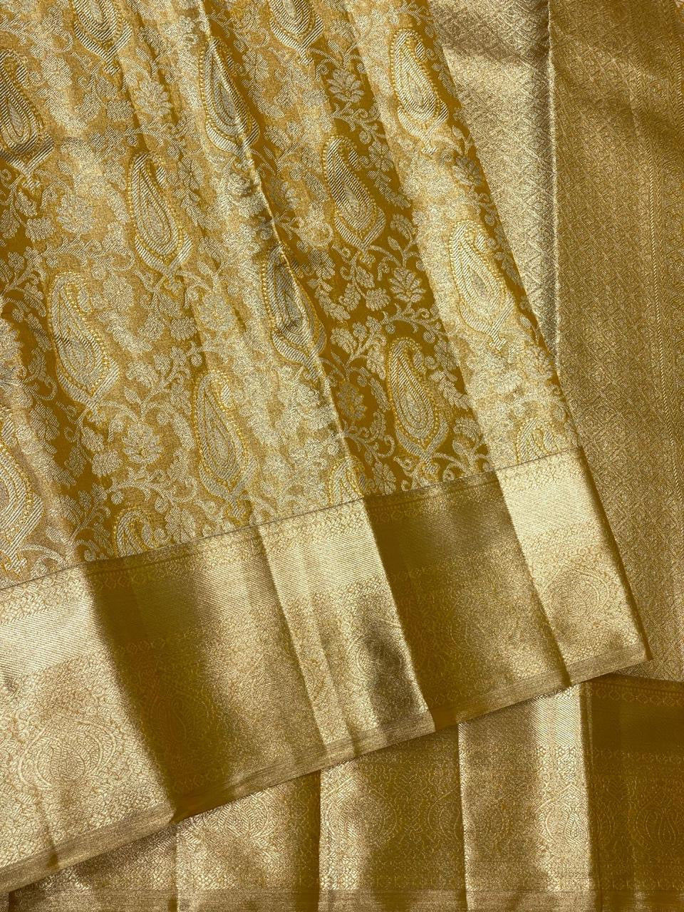 Classic Mango Yellow 2gm Zari Bridal Designer Brocade Elegance Kanchipuram Tissue Handloom Silk Saree SS24206