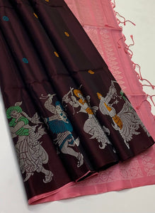 Classic Dark Chocolate & Rose Elegance Handloom Soft Silk Saree SS26108