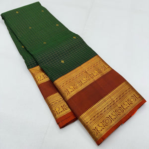 Classic Bottle Green & Mustard 1gm Zari Vaira Oosi Checks Elegance Kanchipuram Handloom Silk Saree SS24736