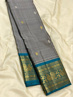 Load image into Gallery viewer, Classic Silver Grey &amp; Teal Blue 2gm Zari Elegance Kanchipuram Handloom Silk Saree SS24699
