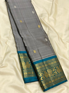 Classic Silver Grey & Teal Blue 2gm Zari Elegance Kanchipuram Handloom Silk Saree SS24699