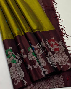 Classic Olive Green & Dark Chocolate Elegance Handloom Soft Silk Saree SS26109