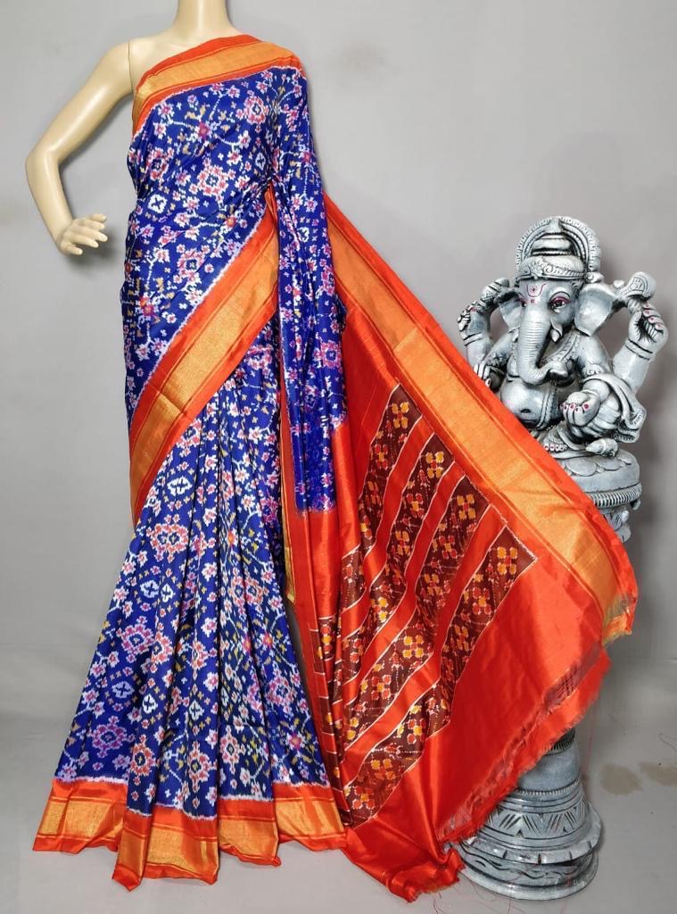 Classic Persian Blue & Orange Ikkat Elegance Handloom Soft Silk Saree SS23108