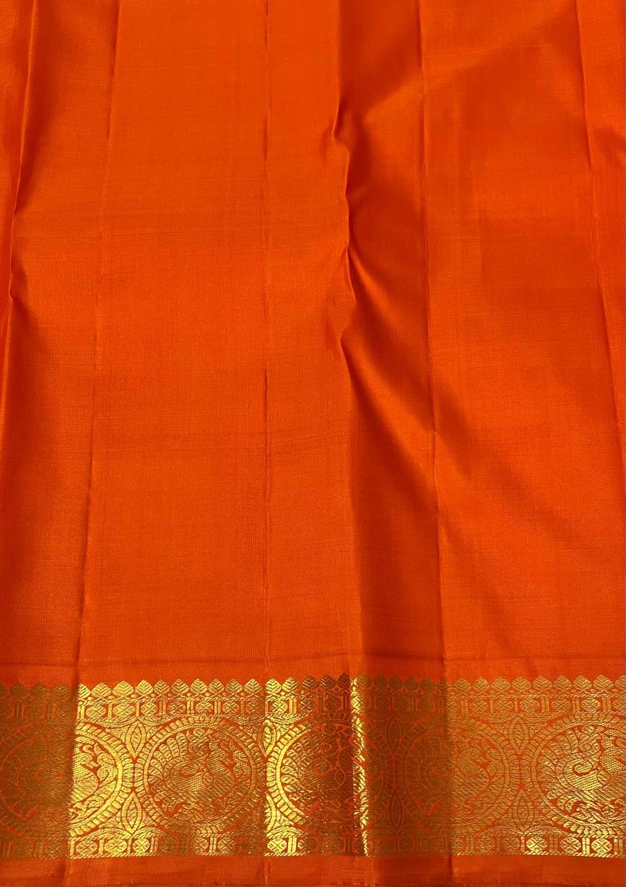 Classic Pine Green & Orange 2gm Zari Elegance Kanchipuram Handloom Silk Saree SS24706