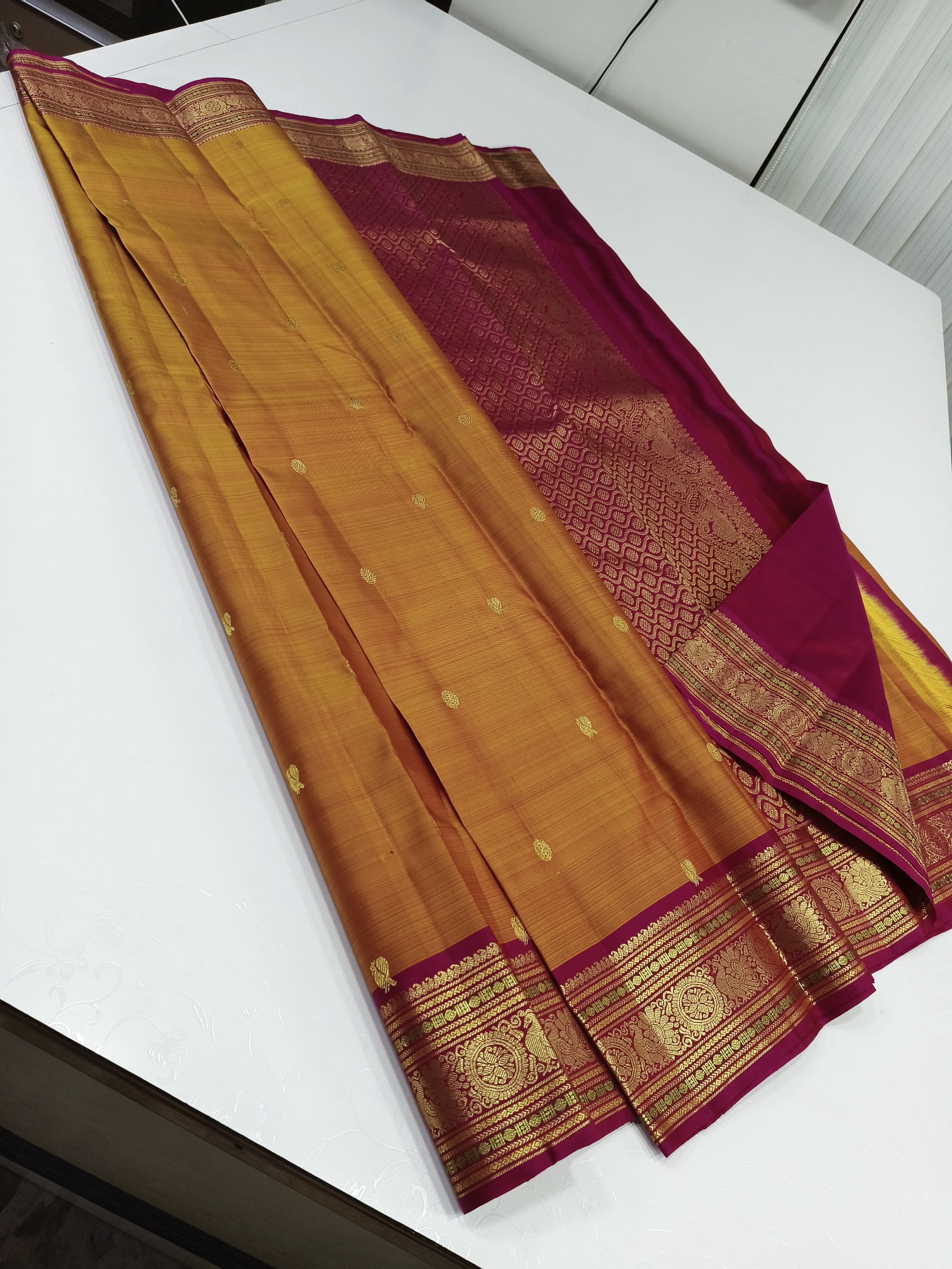 Classic Mango Yellow & Ruby Pink 2gm Zari Korvai Elegance Kanchipuram Handloom Silk Saree SS23660