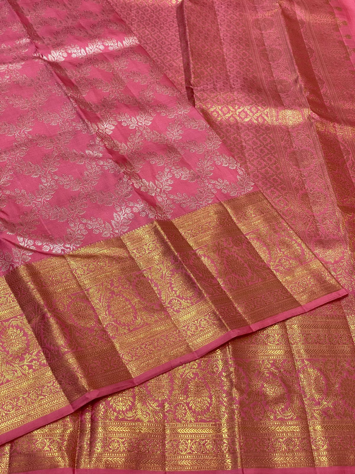 Classic Creamy Pink 3gm Zari Bridal Elegance Kanchipuram Handloom Silk Saree SS24708