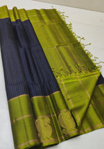 Load image into Gallery viewer, Classic Slate Blue &amp; Olive Green Double Warp Elegance Handloom Soft Silk Saree SS26744
