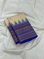 Load image into Gallery viewer, Classic Creamy Beige &amp; Royal Blue Vintage Thread Butta Korvai  Elegance Kanchipuram Handloom Silk Saree SS27558
