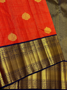 Classic Brick Orange & Navy Blue 3gm Zari Bridal Elegance Kanchipuram Handloom Silk Saree SS25172