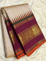 Load image into Gallery viewer, Classic Pearl Beige &amp; Plum 2gm Zari Elegance Kanchipuram Handloom Silk Saree SS28592
