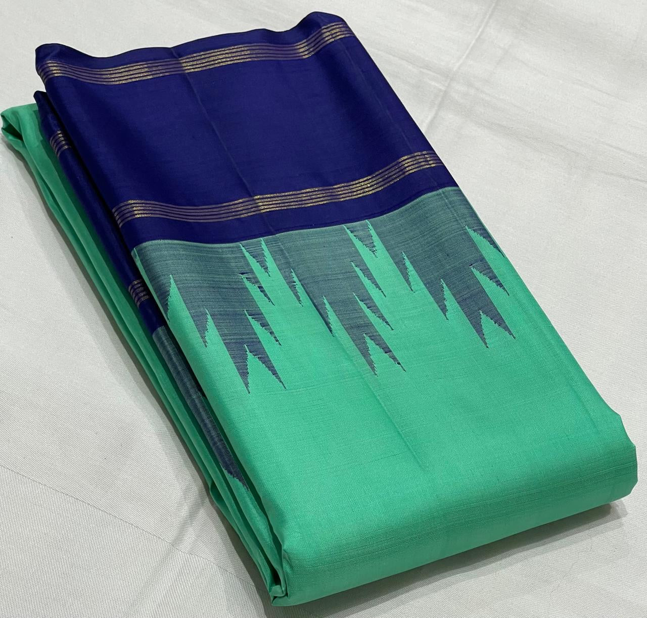 Classic Aqua & Royal Blue 1gm Zari Korvai Bridal Elegance Kanchipuram Handloom Silk Saree SS23633