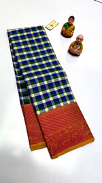 Load image into Gallery viewer, Classic Checker Blue &amp; Orange Elegance Kanchipuram Handloom Silk Saree SS24142
