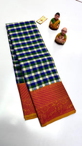 Classic Checker Blue & Orange Elegance Kanchipuram Handloom Silk Saree SS24142