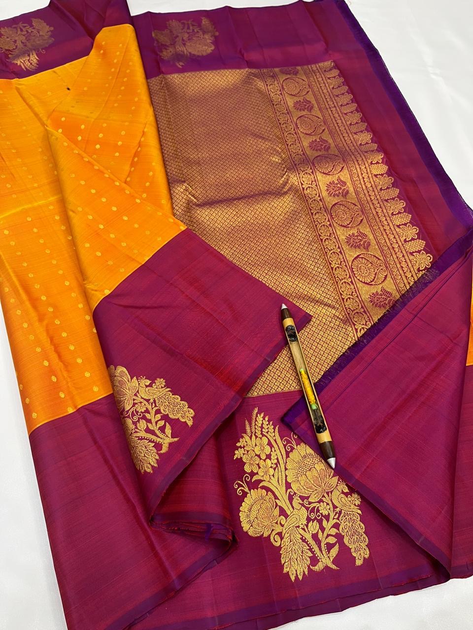 Classic Mango Yellow & Maroon Kanchipuram Handloom Silk Saree SS26036