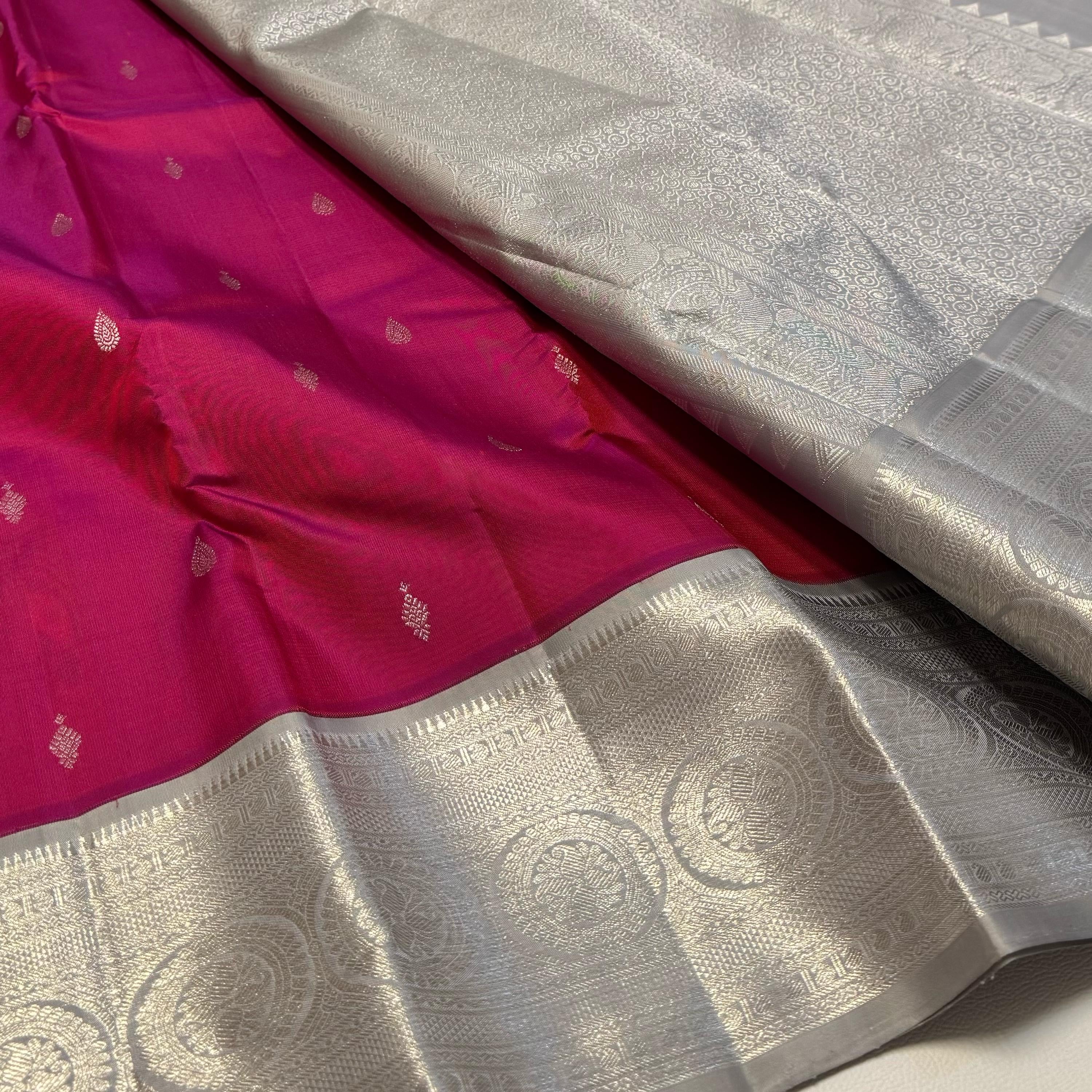 Classic Pink & Silver Grey 2gm Zari Elegance Kanchipuram Handloom Silk Saree SS24470