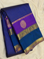 Load image into Gallery viewer, Classic Peacock Blue &amp; Violet 2gm Zari Oosi Checks Elegance Kanchipuram Handloom Silk Saree SS27638
