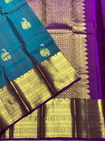 Load image into Gallery viewer, Classic Teal Blue Green &amp; Purple Berry 2gm Zari Bridal Elegance Kanchipuram Handloom Silk Saree SS23561
