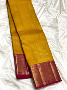 Classic Mustard Yellow & Pink 2gm Zari Vaira Oosi Checks Elegance Kanjivaram Handloom Silk Saree SS23404