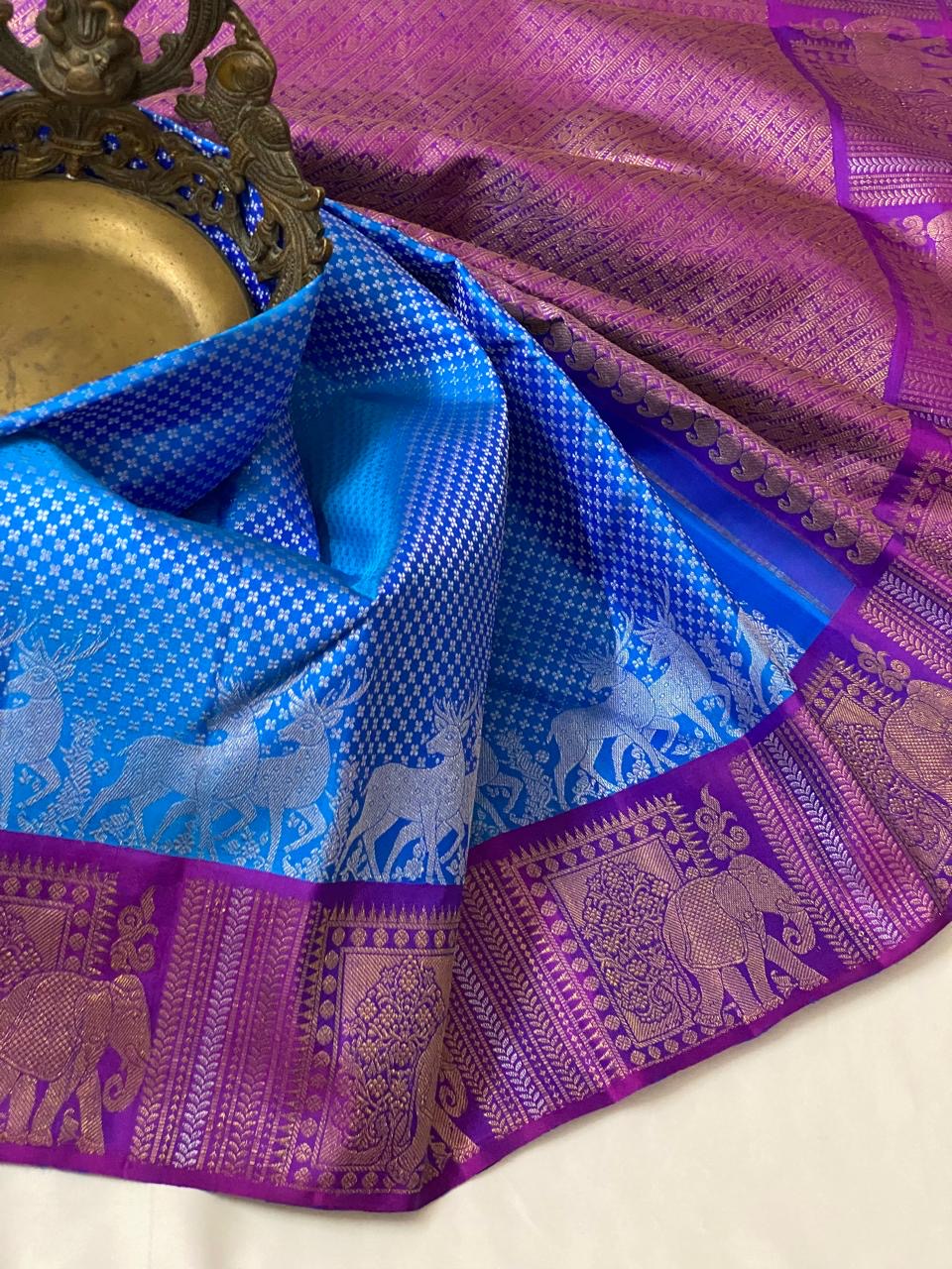 Azure Blue & Glow Purple 2 gm Zari Elegance Kanchipuram Handloom Silk Saree SS20560