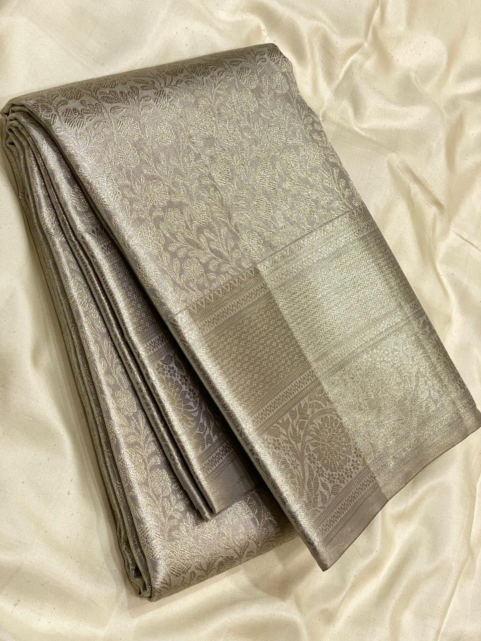 Classic Pastel Silver Grey 2gm Zari Bridal Designer Brocade Elegance Kanchipuram Tissue Handloom Silk Saree SS24207