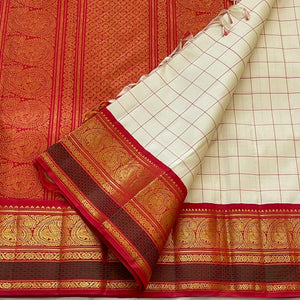 Classic Butter Cream & Chilli Red 1gm Zari Korvai Elegance Kanchipuram Handloom Silk Saree SS23665